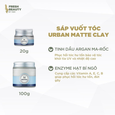 Sáp vuốt tóc nam nữ BRITISH M Urban Matte Clay tạo kiểu linh hoạt giữ nếp cứng tốt, không bóng 100g