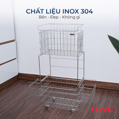 Kệ (Giỏ) Đựng Đồ, Chia Quần Áo Phòng Giặt HiVE 2 tầng inox 304 cao cấp có bánh xe