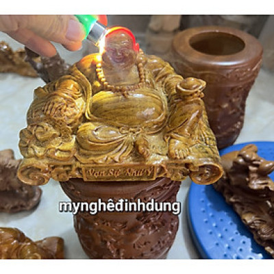 Tượng phật di lặc mini để ô tô bằng gỗ huyết long đẹp long lanh kt 15x9x8cm 
