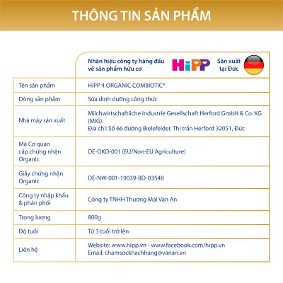 Sữa bột công thức HiPP 4 Organic Combiotic 800g cho bé từ 3 tuổi