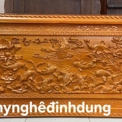 Tranh treo tường  khắc  tích  cửu ngư quần hội bằng  gỗ gõ đỏ  kt 67x127x5cn