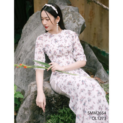 Áo dài cách tân nền hoa, tay lỡ, cổ tròn đính nơ 2 lớp dày dặn EMSPO SMM2654