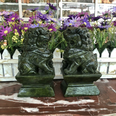 Cặp tượng Kỳ Lân phong thủy đá ngọc Ấn Độ trang trí bàn thờ, bàn làm việc - Cao 15 cm