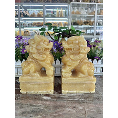 Cặp tượng Kỳ Lân phong thủy đá ngọc Hoàng Long - Cao 20 cm
