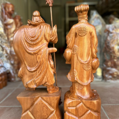 Cặp tượng quan văn quan võ khổng minh gia cát lượng và quan công  bằng gỗ hương đá kt cao 60cm