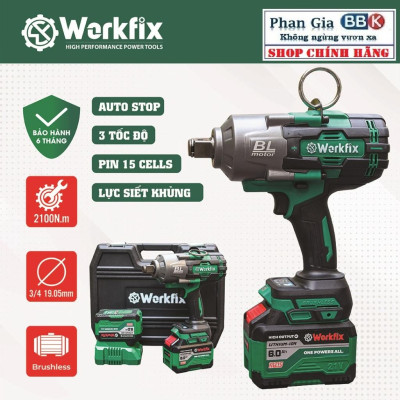 Máy Bắn Bulong WORKFIX WF-IW2100N Auto Stop Không Chổi Than, Lực Siết 2100N.M Mở Vặn Ốc Xe Tải, Ô Tô