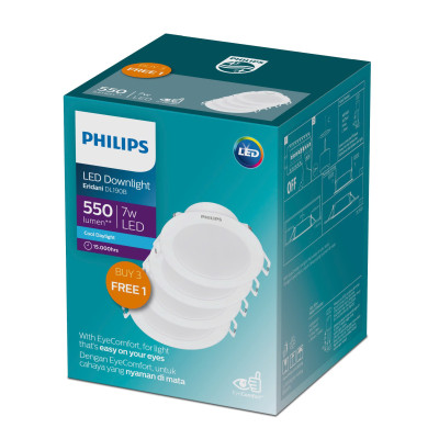 Bộ 04 bóng đèn âm trần Philips LED Eridani hiệu suất ánh sáng cao - Công suất (7W, 10W), ánh sáng trắng