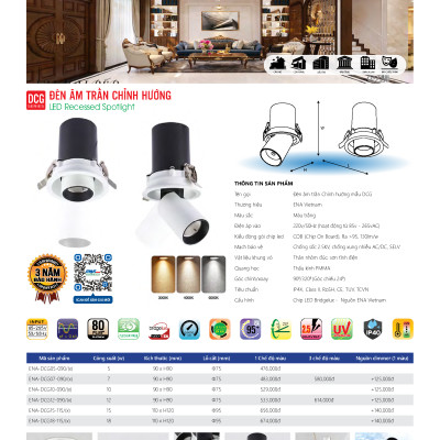 Đèn LED âm trần chỉnh hướng chiếu điểm ENA mẫu DCG 5W 7W 10W 12W dễ dàng điều chỉnh góc chiếu sáng