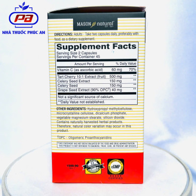 Viên uống hỗ trợ giảm acid uric Gout MASON NATURAL Tart Cherry Mỹ 90 viên giúp giảm đau xương khớp