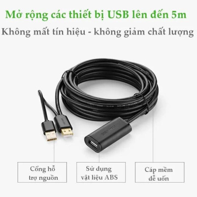 Ugreen UG20213US137TK 5M màu Đen Cáp tín hiệu nối dài USB 2.0 có chip khuếch đại hỗ trợ nguồn USB - HÀNG CHÍNH HÃNG