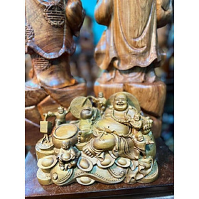 Tượng phật di lặc ngũ phúc bằng gỗ bách xanh thơm phức kt 28×15×12cm