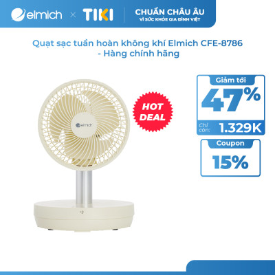 Quạt sạc tuần hoàn không khí Elmich CFE-8786, dung lượng pin lớn, hoạt động liên tục tới 10h, tạo nên luồng gió mạnh,  di chuyển linh hoạt 90° theo chiều ngang tạo luồng gió đa chiều, làm mát nhanh, dễ chịu - Hàng chính hãng