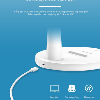 Đèn Bàn Sạc Panasonic HHGLT0346L19 5W - độ sáng 10-100%, Led Đổi màu, cổng sạc USB, Tích hợp đế đựng điện thoại tiện lợi