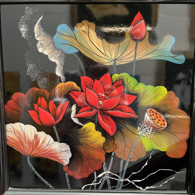 Tranh sơn mài hoa sen size 40x40 cm thích hợp trang trí, làm quà tặng ý nghĩa