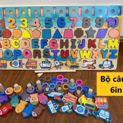 Đồ Chơi Gỗ, Bảng Chữ Cái 6in1, Đồ Chơi Câu Cá, Ghép Hình Học, Chữ Số, Chữ Cái, Phương Tiện 