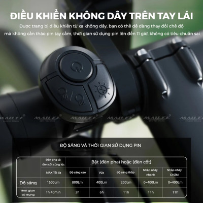 Đèn Xe Đạp Trước CYC 1600 Lumens Chống Chói Có kèm Remote và Giá đỡ, thời gian sử dụng lên đến 11h (tùy chế độ) Đi Đêm Địa Hình Có pha/cos - Mai Lee