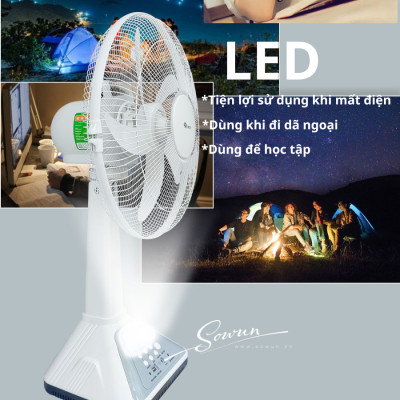 Quạt Tích Điện SOWUN SW809, Thời Gian Hoạt Động Lâu, Có Đèn LED 0.2W Sử Dụng Khi Mất Điện