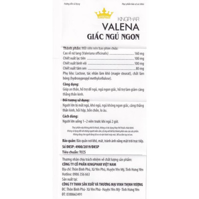 ￼Thảo Dược An Thần Ngủ Ngon valena Kingphar - Hộp 30 Viên - Giúp an thần, gây ngủ, tạo giấc ngủ đến nhanh, tự nhiên