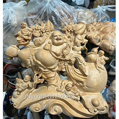 Tượng phật di lặc ngũ phúc bằng gỗ ngọc am thơm nức kt 40x35x14cm 