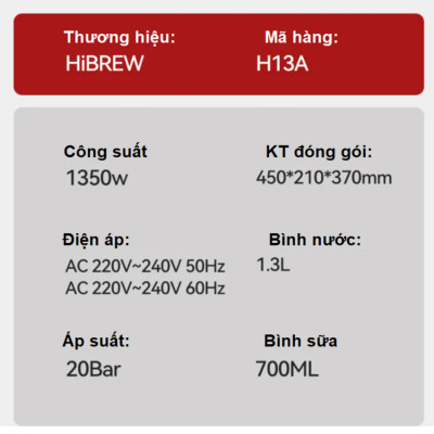 HÀNG CHÍNH HÃNG - Máy pha cà phê Espresso bán tự động, 3 trong 1 tự động pha Espresso, Latte, Cappuccino. Thương hiệu Mỹ cao cấp HiBREW - H13A