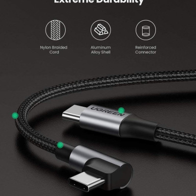 Ugreen 50125 2M 60W bẻ góc 90 độ hỗ trợ sạc nhanh PD cáp USB type C màu đen mạ nickel đầu bọc nhôm Ugreen US255 - Hàng Chính Hãng