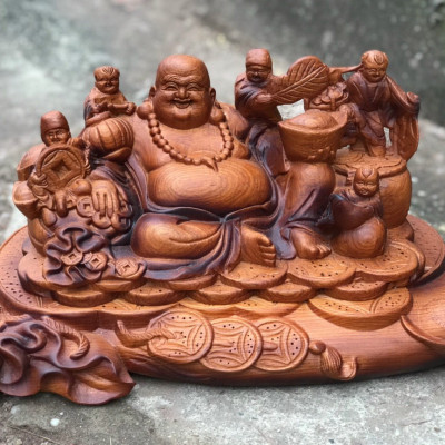 Tượng phật di lặc ngũ phúc bằng gỗ hương đá tô làm mầu giả cổ kt 40×20×20cm