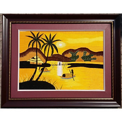 Tranh Thêu Tay - Phong cảnh chiều hoàng hôn trến bến sông