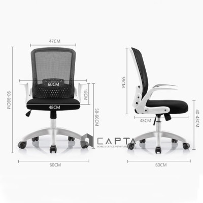 Ghế xoay làm việc lưng và tay gập gọn CE4520-M Nội thất Capta Lưng lưới nệm vải màu đen khung tay nhựa màu trắng chân nhựa xoay nhập khẩu ghế nhân viên ghế làm việc tại nhà văn phòng hcm