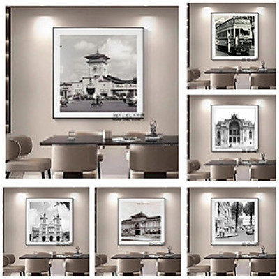 (ẢNH THẬT) Tranh  treo tường sài gòn xưa 4 trắng đen có khung kèm đinh treo