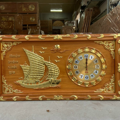 Tranh đồng hồ treo tường trạm khắc thuật buồm xuôi gió bằng gỗ gõ đỏ kt 41×81×4cm