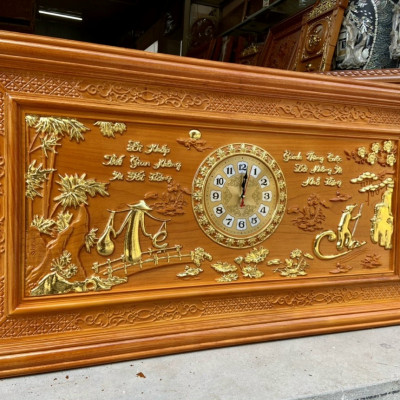 Tranh đồng hồ treo tường trạm khắc chữ cha mẹ bằng gỗ gõ đỏ kt 67×127×4cm