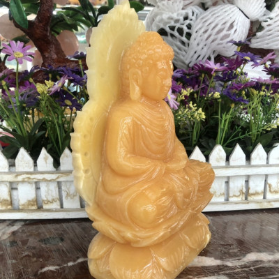 Tượng Phật Thích Ca Mâu Ni ngồi đài sen có hào quang đá ngọc hoàng long - Cao 25 cm
