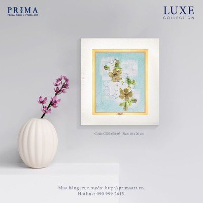 Tranh Vàng 24K PRIMA ART - Tranh hình hoa sứ dát vàng 24K trên nền vải canvas màu xanh biển nhạt - Bộ sưu tập Luxe - CGS-0698-03