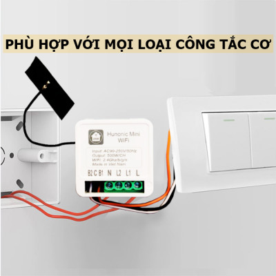 Công tắc Wifi Hunonic Mini 2 kênh 500W/kênh - LẮP SAU CÔNG TẮC ÂM TƯỜNG - Điều khiển từ xa bằng điện thoại