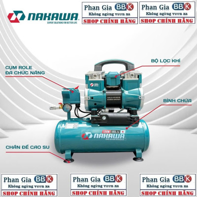 [chính hãƞg] Máy nén khí không dầu NAKAWA 10L - 1350W, tốc nhanh, siêu êm, 100% dây đồng, Bảo hành 1 năm