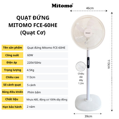 Quạt Đứng 5 Cánh Mitomo FCE-60 hàng chính hãng, Điều Khiển Từ Xa, Hẹn Giờ, Tiếng Ồn Thấp