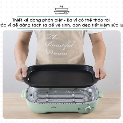 Nồi Điện Đa Năng, Nồi Lẩu Nướng Đa Năng BEAR SUBE004 3 Khay Rời Dung Tích 4L, Công Suất 1200W - Hàng Chính Hãng