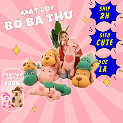 Bộ ba thú nhồi bông mắt lồi cute - Size từ 70cm đến 1m2- Quà tặng gấu bông trâu hồng, chó, khủng long xanh dễ thương - Gối ôm mềm mịn cho bé.