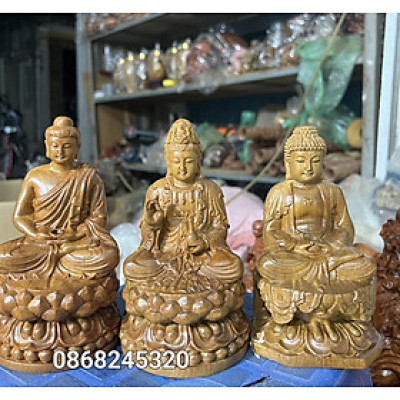 Bộ tương tam phật bằng gỗ bách xanh thơm ngọt kt 15×9×9cm 