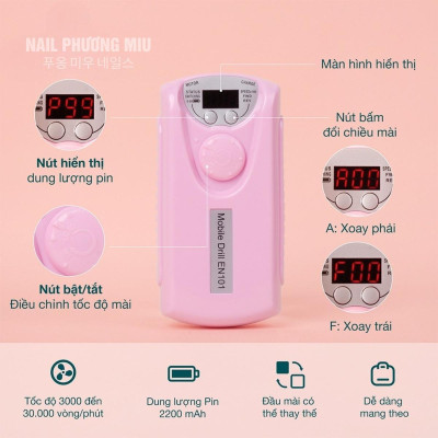 Máy Mài Móng Tích Điện EN101 Tay Đen Cao Cấp, Công Suất 30,000 RPM, Pin Tích Điện Gọn Nhẹ, Dễ Dùng Cho Làm Nail Chuyên Nghiệp
