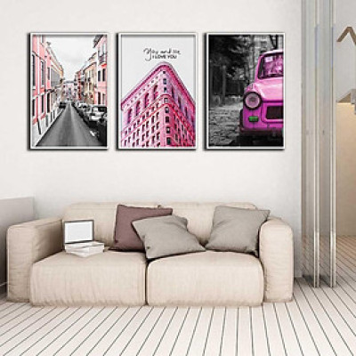 Bộ 3 tranh canvas treo tường Decor Đường phố và xe, tông hồng hiện đại – DC150