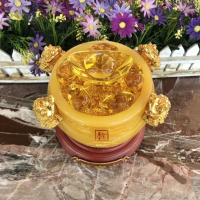 Bát vàng, Bát Tụ Tài, Bát Tụ Bảo đá ngọc cẩm thạch vàng Hút Tài, Hút Lộc, Chiêu tài nạp lộc trang trí bàn thờ ông thần tài thổ địa - Cao 18 cm