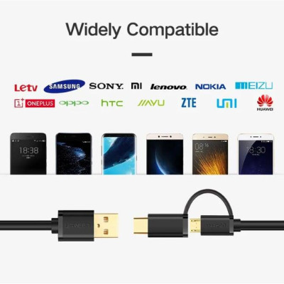 Ugreen UG30177US142TK 1.5M màu đen Cáp USB-A 2.0 sang Micro USB + USB-C - HÀNG CHÍNH HÃNG