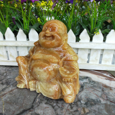 Tượng Phật Di Lặc cầm thỏi vàng đá cẩm thạch vân gỗ trang trí xe ôtô xe hơi, bàn thờ - Dài 10 cm