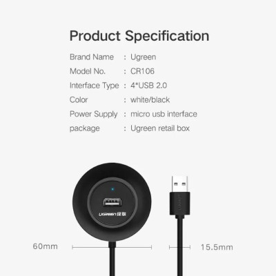 Ugreen UG40962CR106TK 0.5M Màu Đen Bộ chuyển đổi TYPE C sang 4 USB 2.0 + nguồn MICRO USB hỗ trợ OTG TYPE C - HÀNG CHÍNH HÃNG