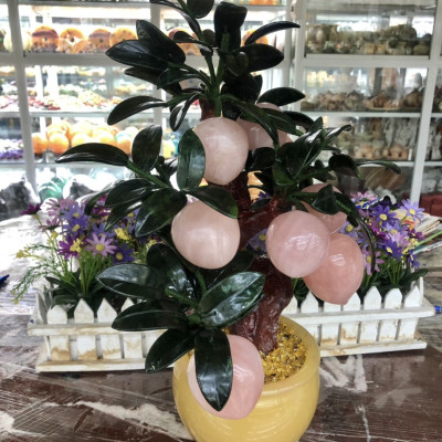 Cây đào phong thuỷ đá thạch anh hồng 9 quả trang trí bàn làm việc - Cao 43 cm