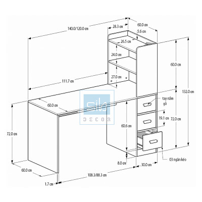 Bàn Làm Việc Kết Hợp Tủ Sách Và Ngăn Kéo Hiện Đại Thương Hiệu SIB Decor BLV02