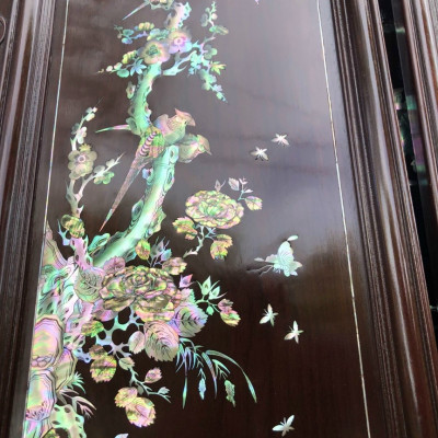 Bộ tranh gỗ gụ kết hợp khảm ốc đỏ tích, tứ quý bốn mùa trong ,xuân ,hạ, thu ,đông ,và được làm mầu mận chín giả cổ kt 30×107cm + ván khung dầy tổng  4cm 