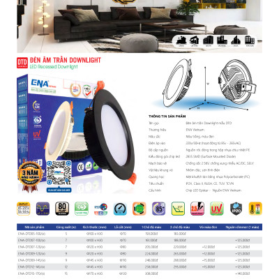 Bộ Đèn LED ENA âm trần downlight DTD công suất 7w 9w 12w vỏ đen