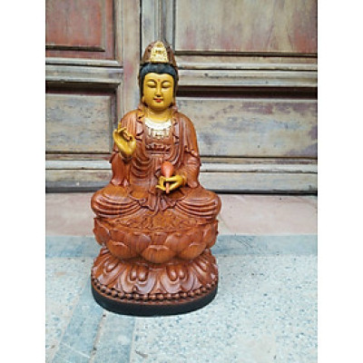 Tượng phật bà quan âm bồ tát bằng gỗ hương đá tô làm mầu giả cổ kt cao 30×14×15cm